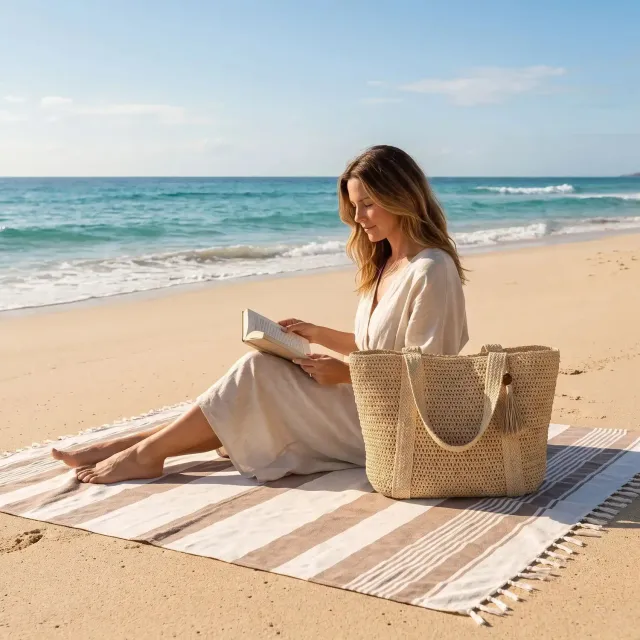 Zen Bagage Luxe sac de plage paille tissée coton bio