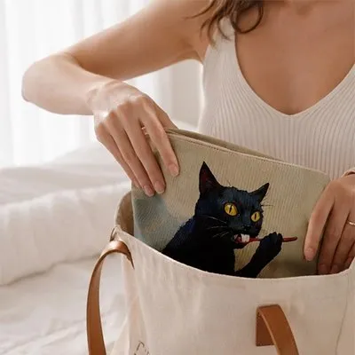 Zen Bagage Amour de chat trousse maquillage toile beige