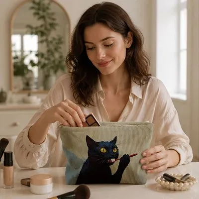 Zen Bagage Amour de chat trousse maquillage toile beige